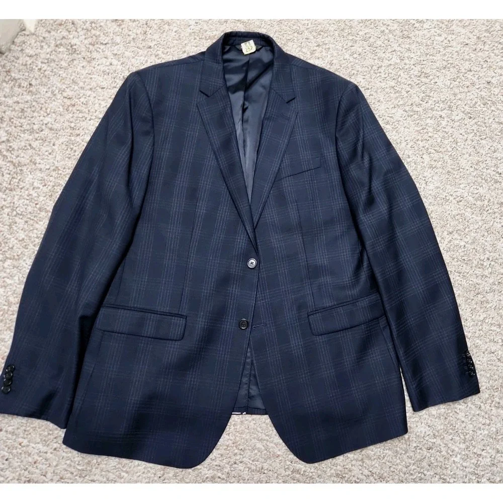Banana Republic Slim Fit Navy Glen Plaid Marzotto Super 100s Wool Blazer 46 Long